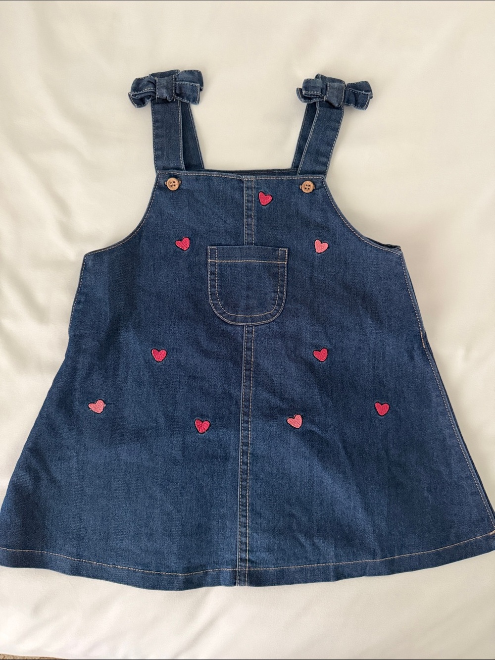 Mayoral Navy Denim Pinafore Dress with Pink Heart Embroidery